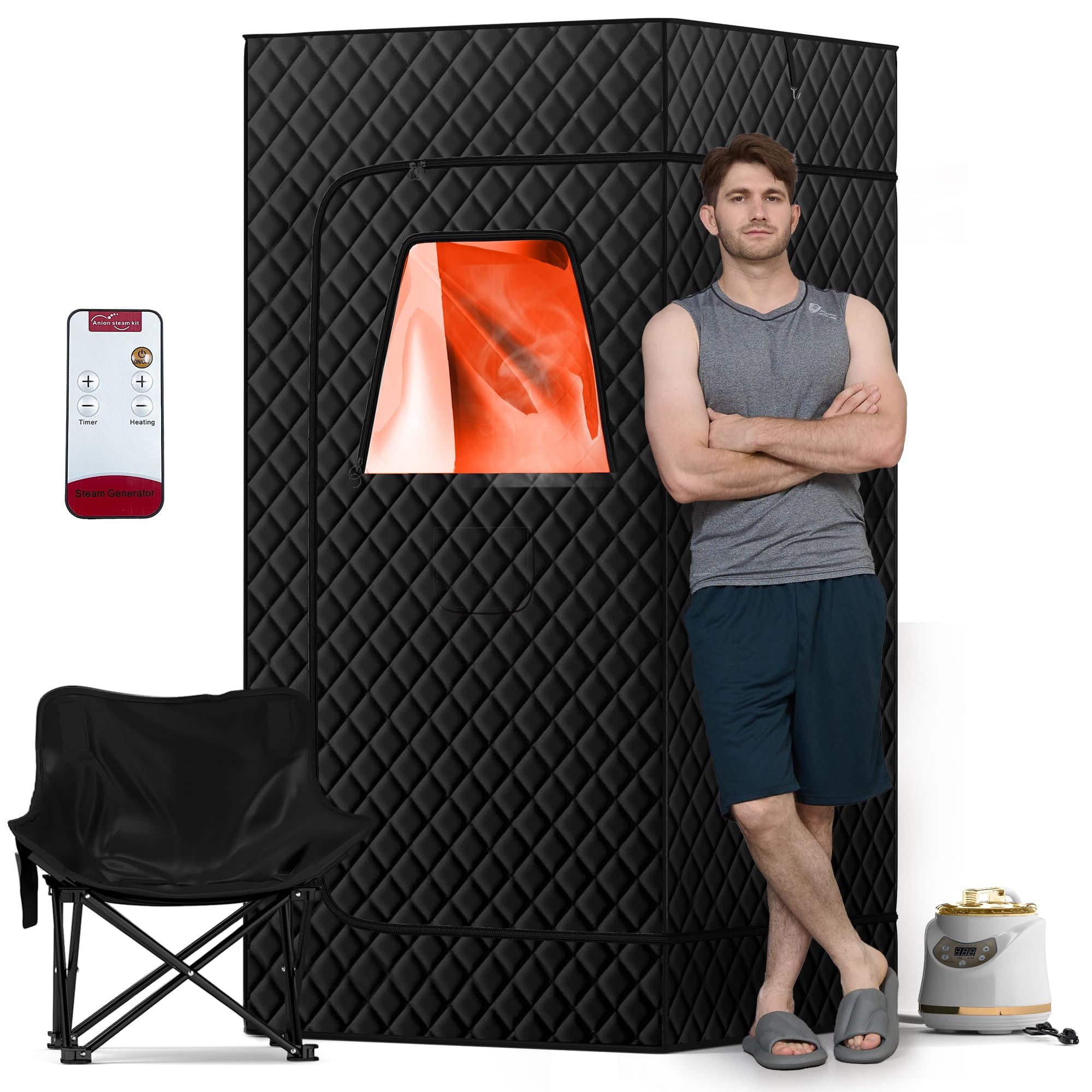 Real Relax Sports&Fitness BJL-SNF01 Portable Steam Room for Home, 3’ x 3’ x 5.9’ Roomier Steam Sauna Box Sauna Tent with 3L 1500W Steamer, Remote Control, Folding Chair