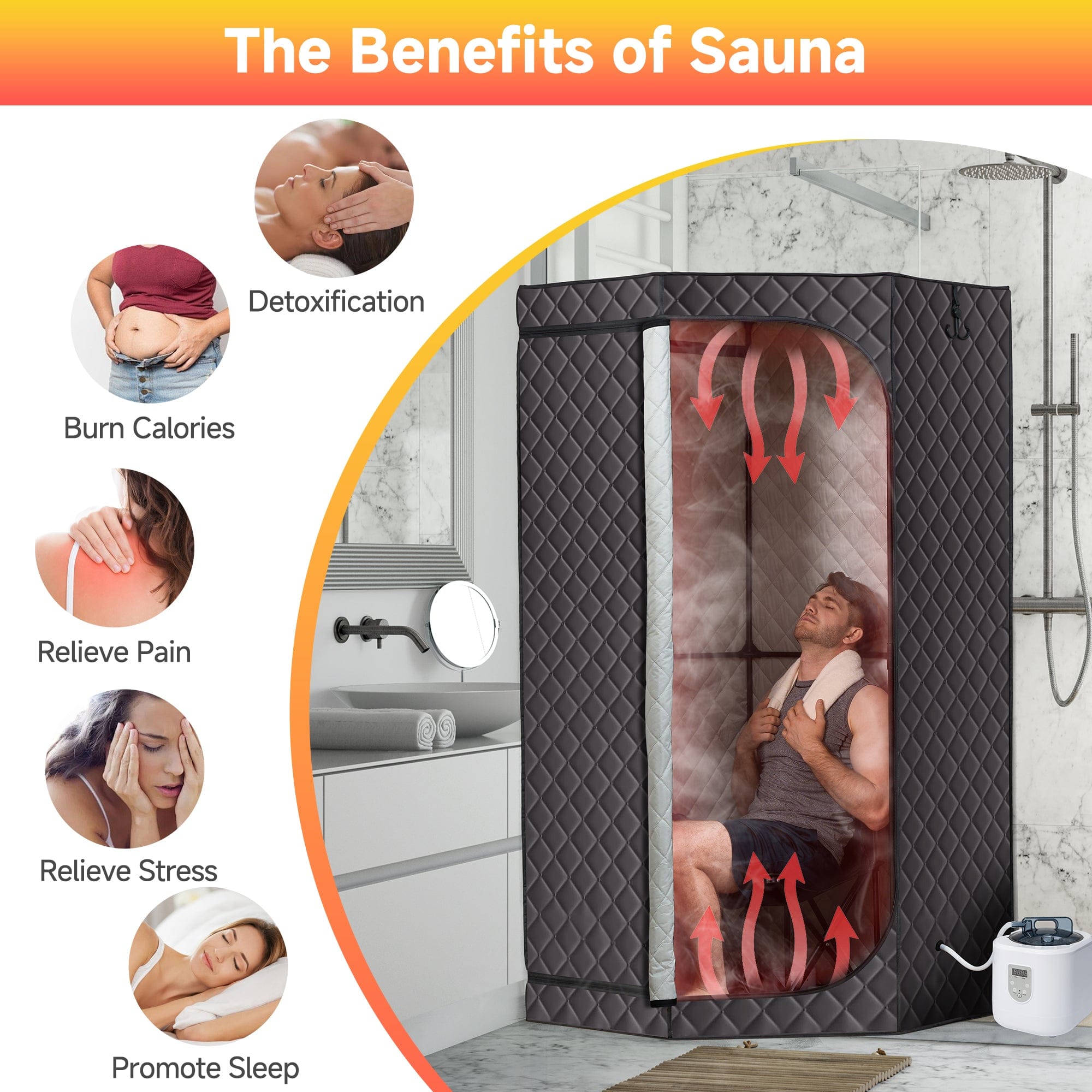 Real Relax Sports&Fitness Real Relax Sauna Box Portable Sauna for Home, 6.2ft Full Body Home Steam Sauna, Spacious Pentagon Steam Room Home Spa with 3.6L 1600W Steamer Sauna, Grey